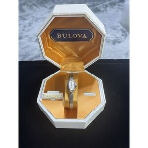 Vintage Bulova 14k Watch Ladies 10k GF Band Diamond Art White Gold 219848 Rare